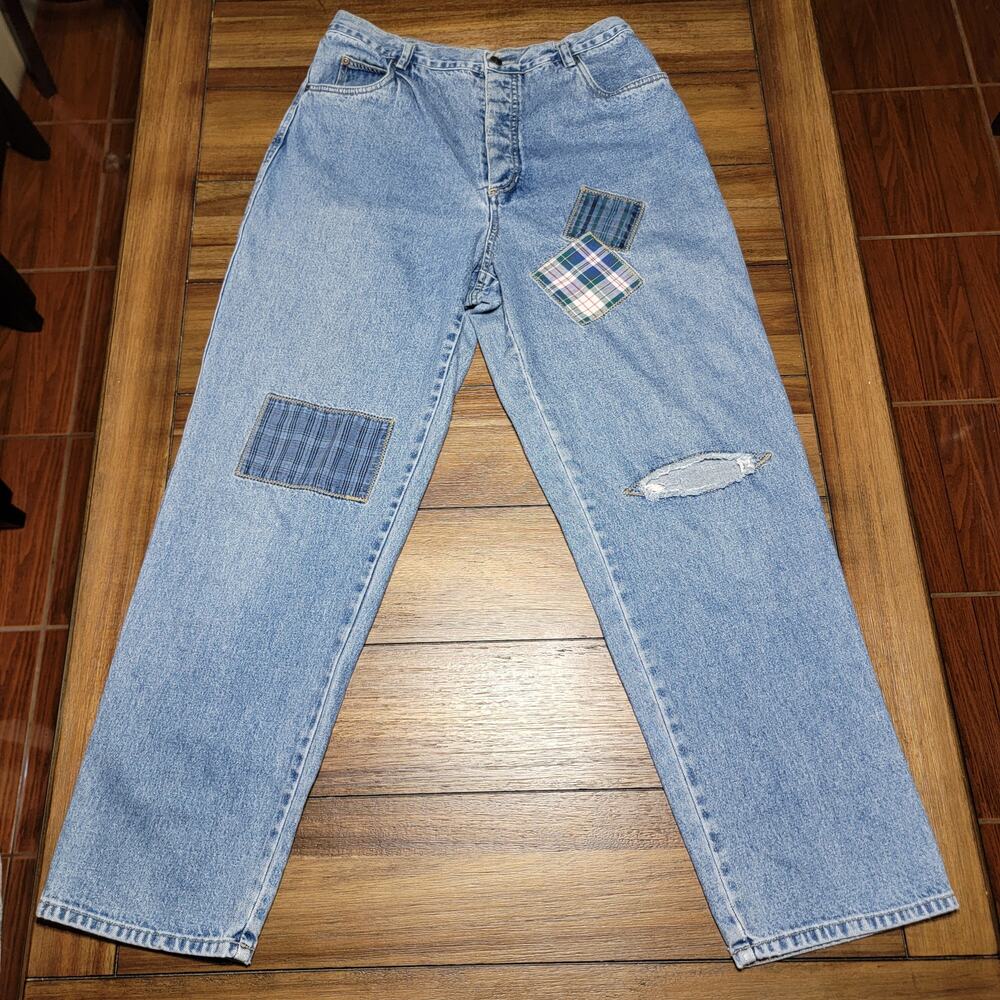Liz Claibourne Liz Wear Straight Denim Jeans w/ Patches & Button Fly - Size 14